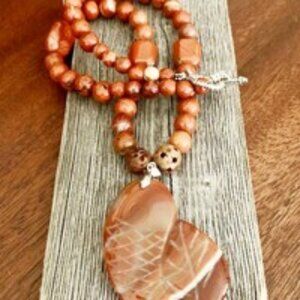 Carved Boxwood and Red River Jasper Beaded Necklace with Carved Fish Pendant